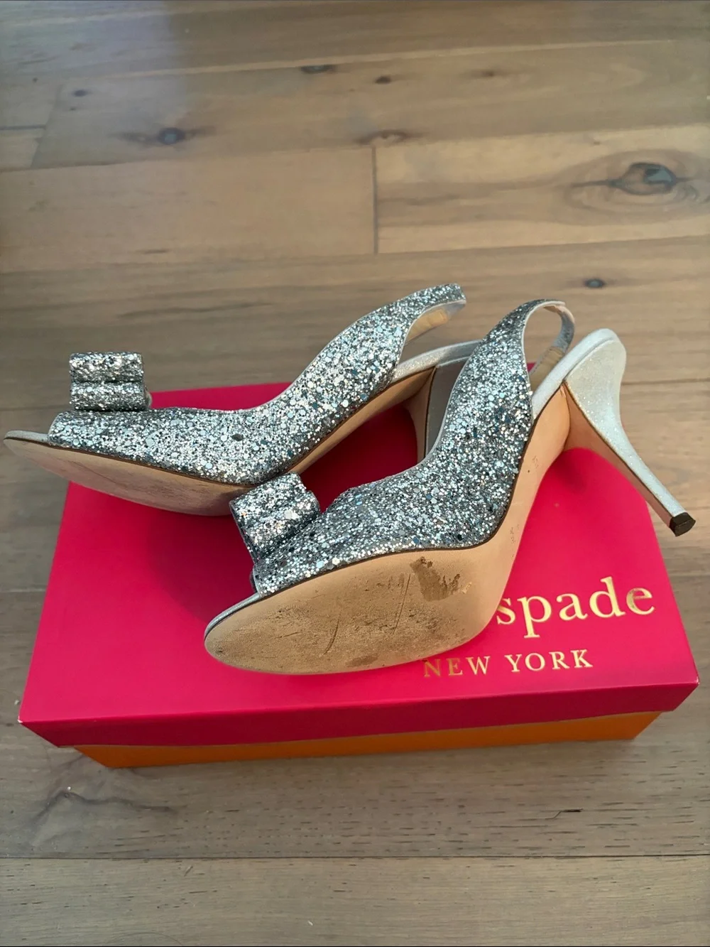 Kate Spade Silver Glitter Slingback Heels with Bow Detail - Picture 4 of 5